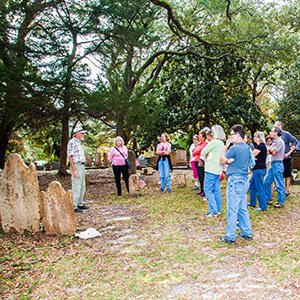 Tour group gathered in the burying ground